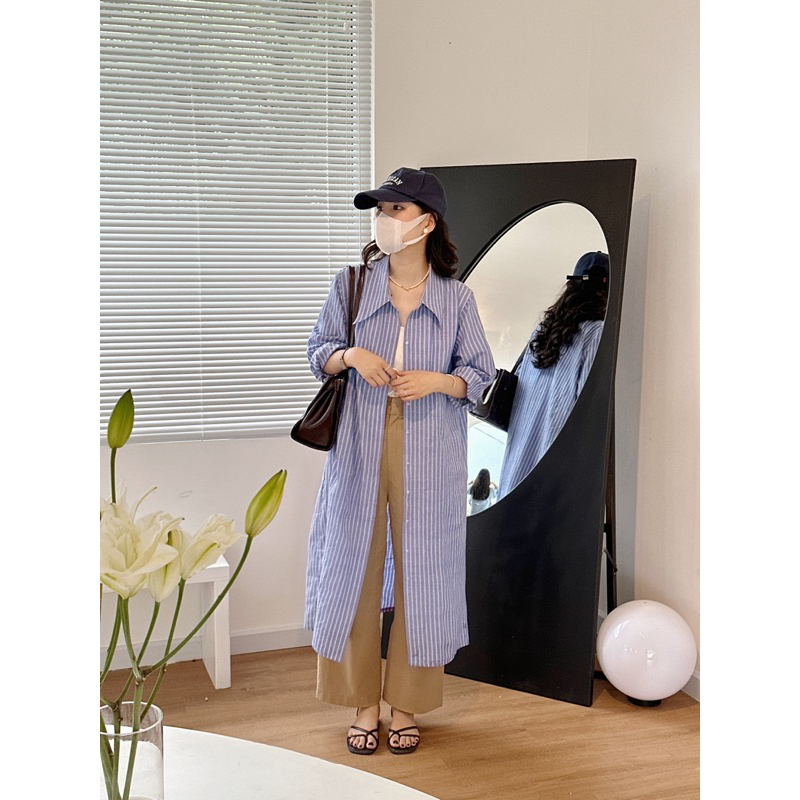 Nimi - Váy sơ mi cổ nhọn dáng rộng Simple loose shirt dress