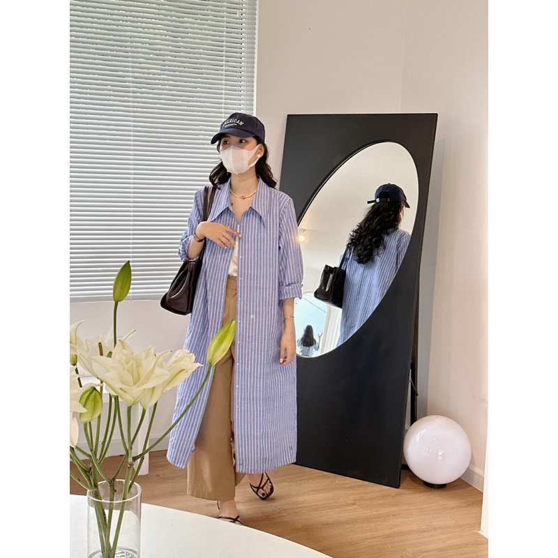 Nimi - Váy sơ mi cổ nhọn dáng rộng Simple loose shirt dress