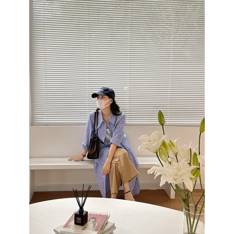 Nimi - Váy sơ mi cổ nhọn dáng rộng Simple loose shirt dress