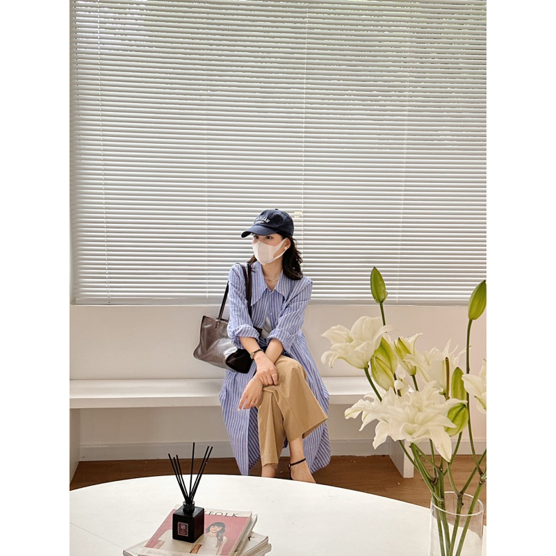 Nimi - Váy sơ mi cổ nhọn dáng rộng Simple loose shirt dress