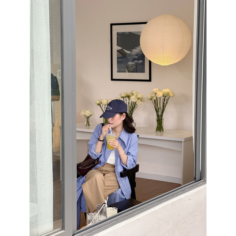 Nimi - Váy sơ mi cổ nhọn dáng rộng Simple loose shirt dress