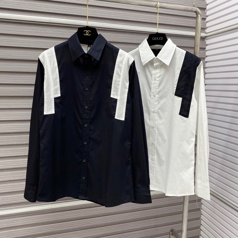 Áo sơ mi kiểu nam dài tay cotton thô phối vạch sọc đen trắng hai vai phong cách boy phố