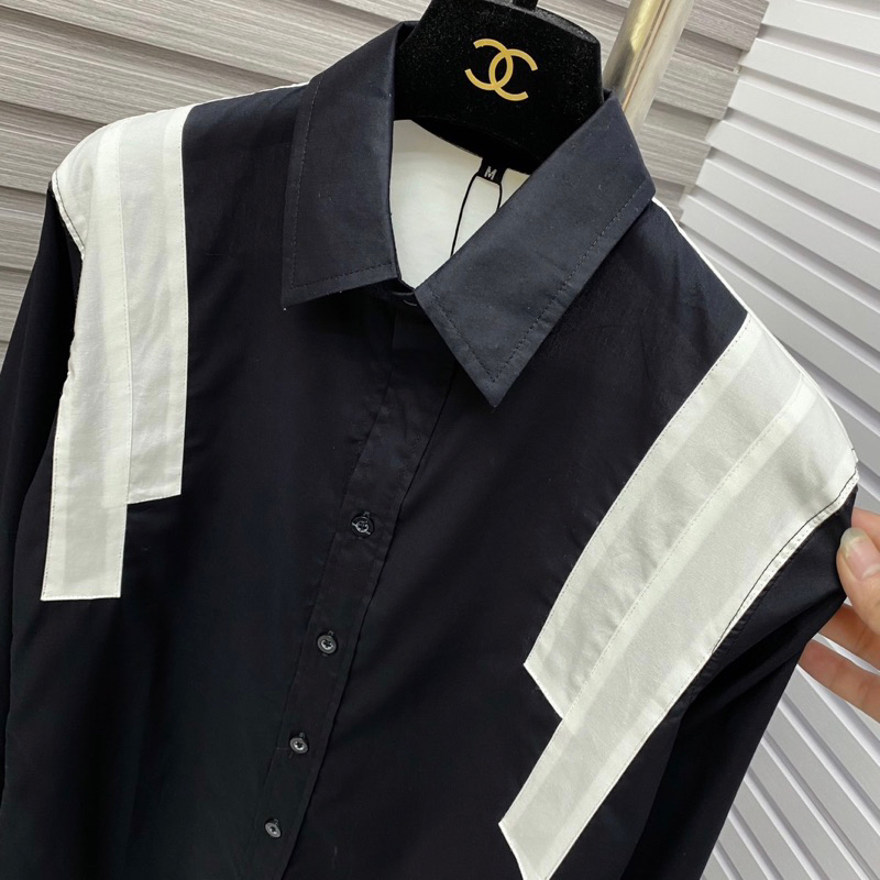 Áo sơ mi kiểu nam dài tay cotton thô phối vạch sọc đen trắng hai vai phong cách boy phố