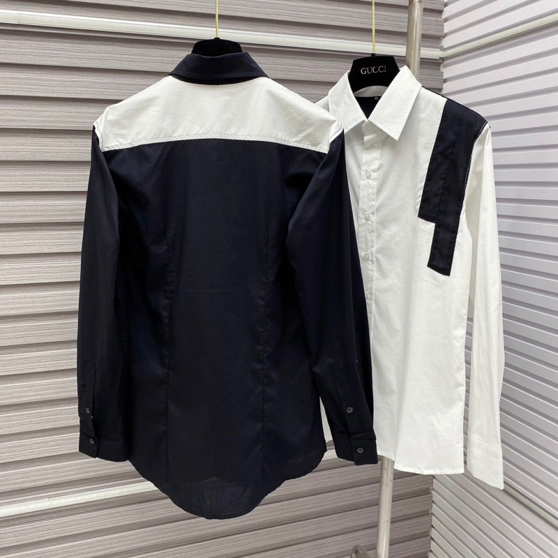 Áo sơ mi kiểu nam dài tay cotton thô phối vạch sọc đen trắng hai vai phong cách boy phố