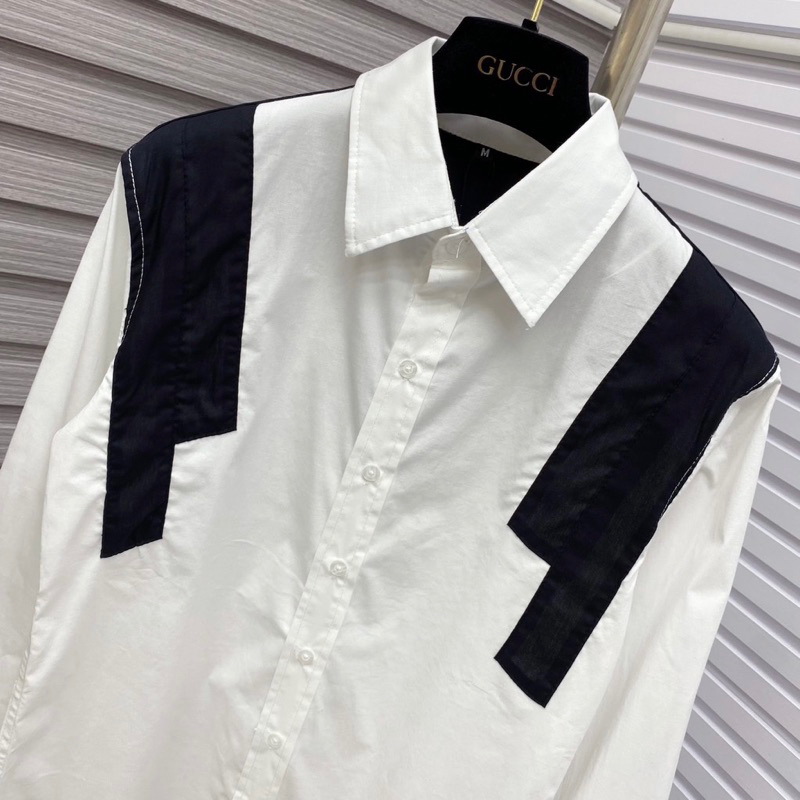 Áo sơ mi kiểu nam dài tay cotton thô phối vạch sọc đen trắng hai vai phong cách boy phố