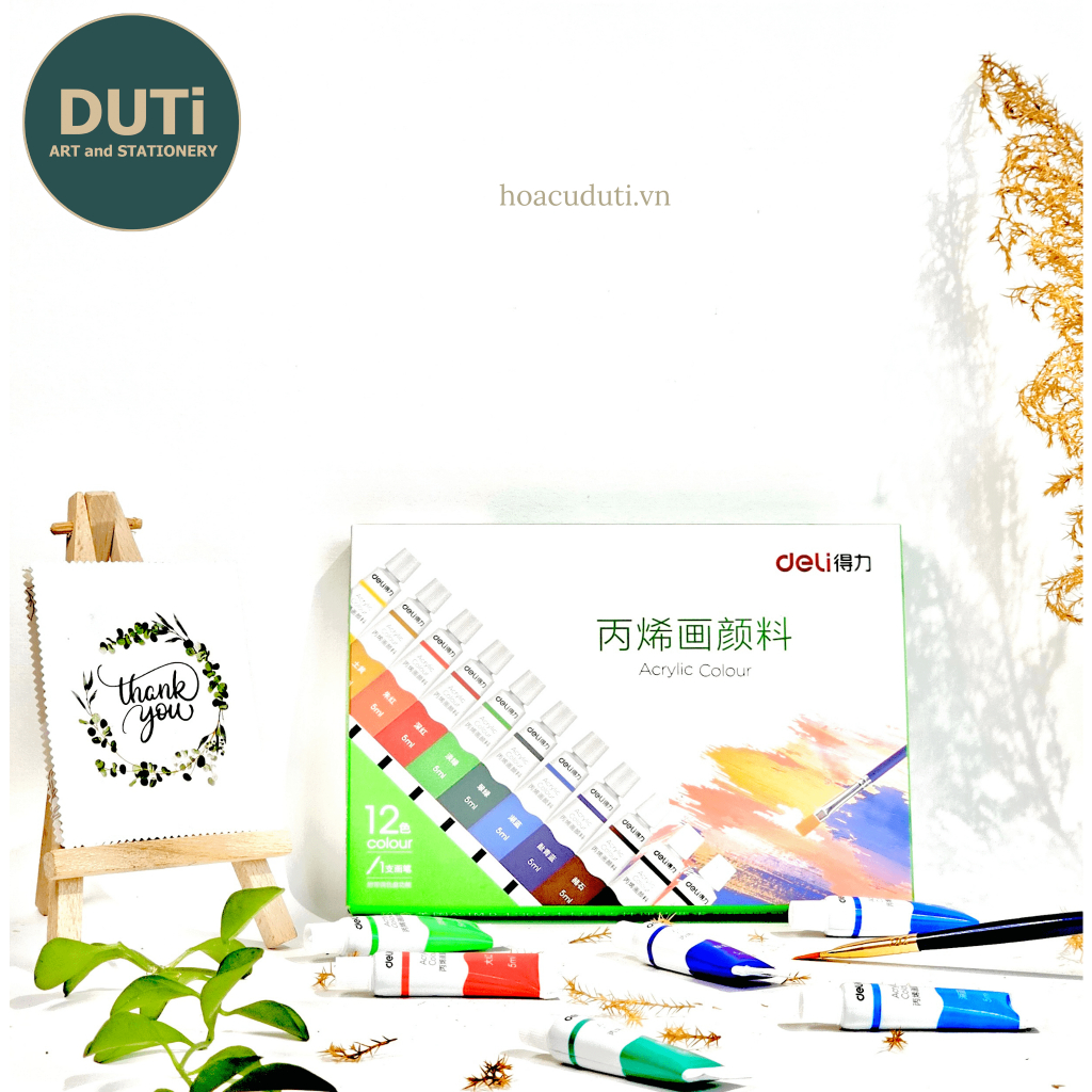 Màu acrylic DELI dạng tuýp cao cấp 5ml dùng để vẽ vải / giày / tường tặng Cọ vẽ tranh và Khay pha màu - 12/18/24 màu