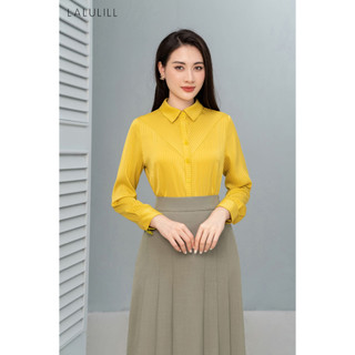 Áo sơ mi công sở lalulill cổ đức lụa tằm kẻ sọc vàng lsm2301201