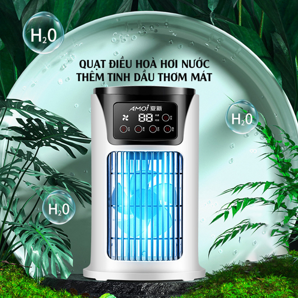 Quạt điều hoà mini, quạt hơi nước phun sương để bàn Amoi 6 cấp độ gió, dung tích bình 300ml chức năng hẹn giờ có đèn led