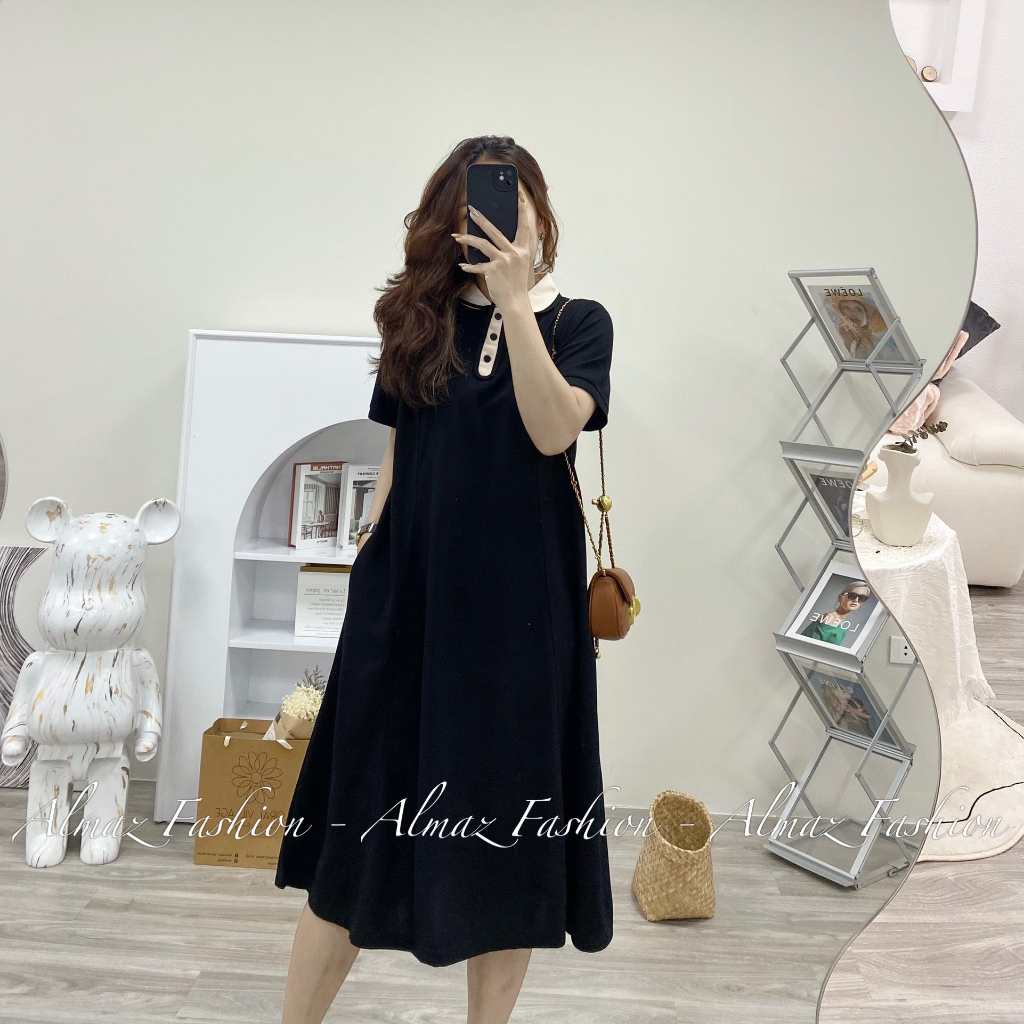 Váy  dáng suông basic cổ đức viền trắng có cúc thanh lịch - Almaz