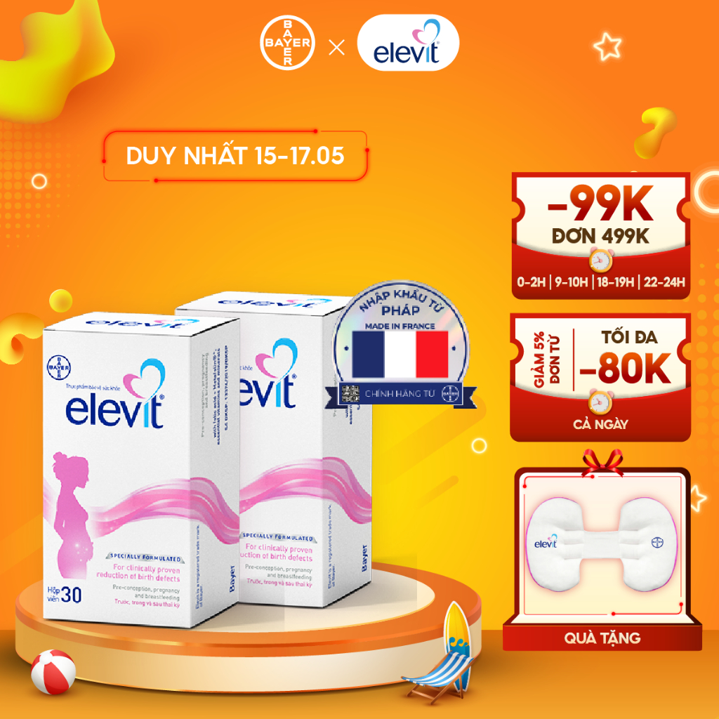 Bộ 2 Hộp Vitamin Bầu Tổng Hợp Elevit Cho Phụ Nữ Trước, Trong và Sau Thai Kỳ (30 Viên/ Hộp)