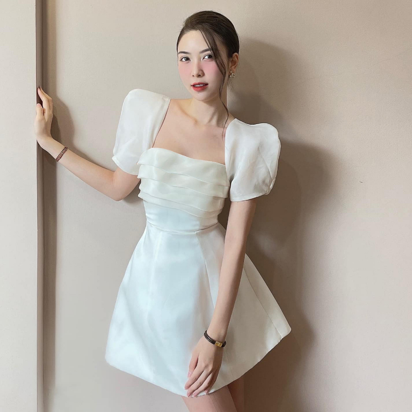 Đầm thiết kế PURE DRESS cao cấp, Váy dự tiệc cổ vuông tay phồng dáng chữ A siêu tôn dáng