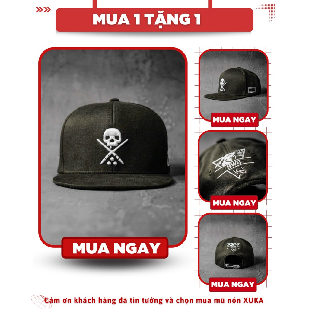 Mũ nón snapback BWB hở đuôi khoá dán su đúc cao cấp thêu đầu lâu BWB