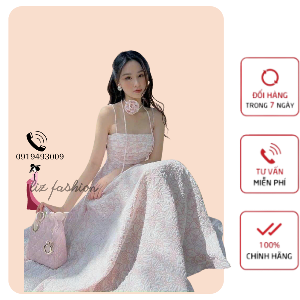 Đầm váy nữ 2 dây xinh sắn họa tiết xếp ly ngực sang chảnh dáng xòe duyên dáng kèm dây cổ đính hoa dễ thương-LIZ