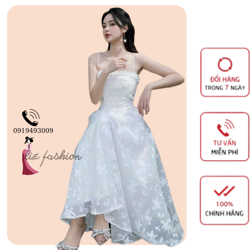 Váy đầm nữ 2 dây voan hoa may bèo ngực dáng A dài xòe thời trang thiết kế đi biển du lịch dự tiệc dạ hội sự kiện - LIZ