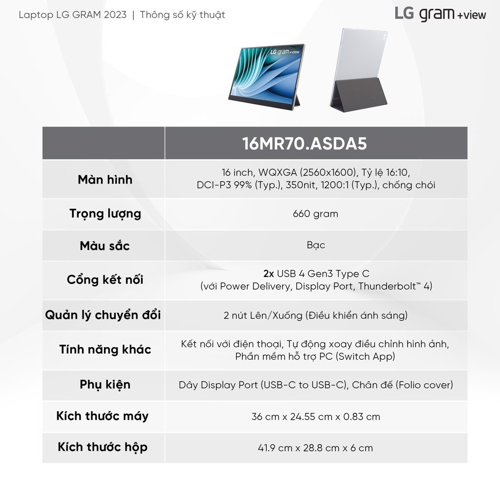 [New 2023] Màn Hình Di Động  LG Gram +View 16MR70 | Silver | 16 inch  2K WQXGA | IPS | USB-C | DP | 1Yr | BigBuy360 - bigbuy360.vn