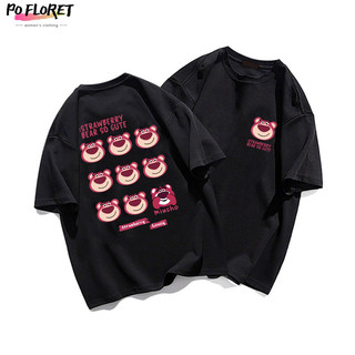 PO FLORET Áo thun unisex rộng Gấu dâu tây hoạt hình in Oversize áo phông nữ 100%Cotton