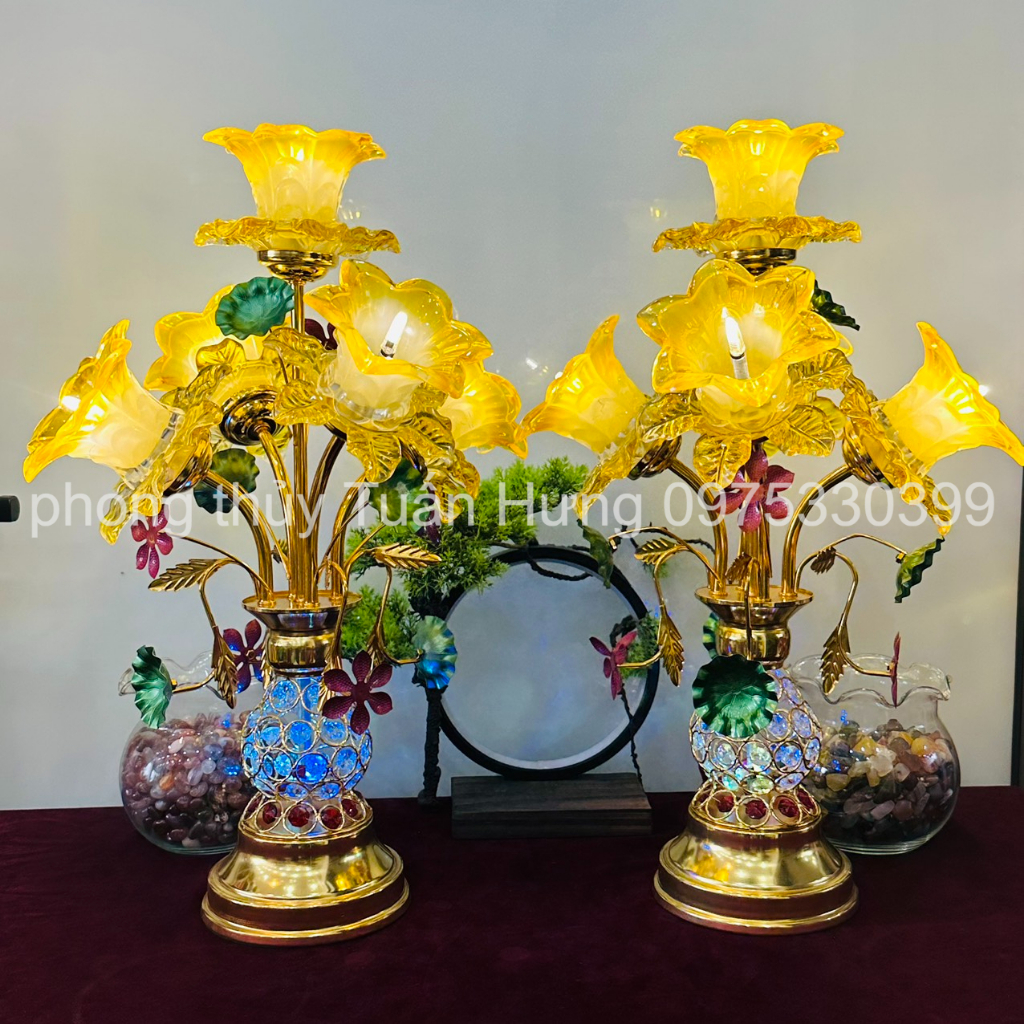 ( 1 cặp) Đèn thờ hoa sao thuy tinh chân gắn đá cao 52cm.ảnh thật, hàng loại 1