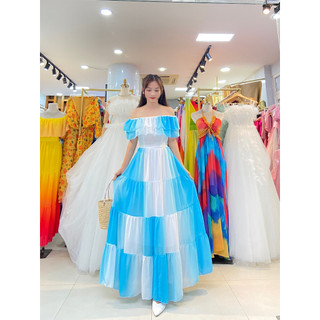 Đầm maxi phối màu thiết kế trễ vai