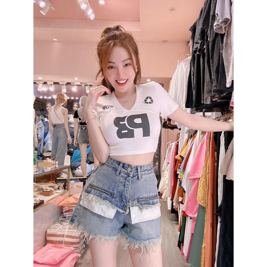 Áo Thun Borip Croptop Cổ Trái Tim Ngắn Tay Kèm In Số 89 Xinh Xinh TTSA2206