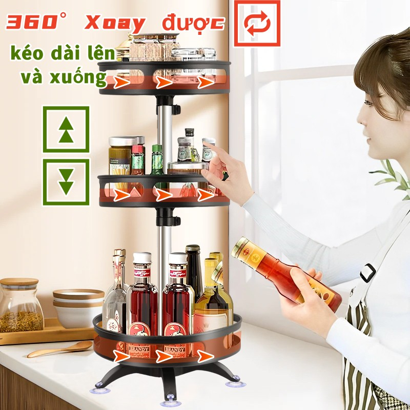 Giá gia vị nhà bếp 3 tầng Giá đựng gia vị Giá để đồ nhà bếp Giá để đồ đa chức năng xoay 360 ° Khay đựng trái cây bàn xoa