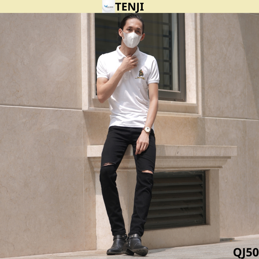 Quần jean nam đen TENJI QJ200 chất bò họa tiết trơn cá tính kiểu dáng kinny size 28-32+34