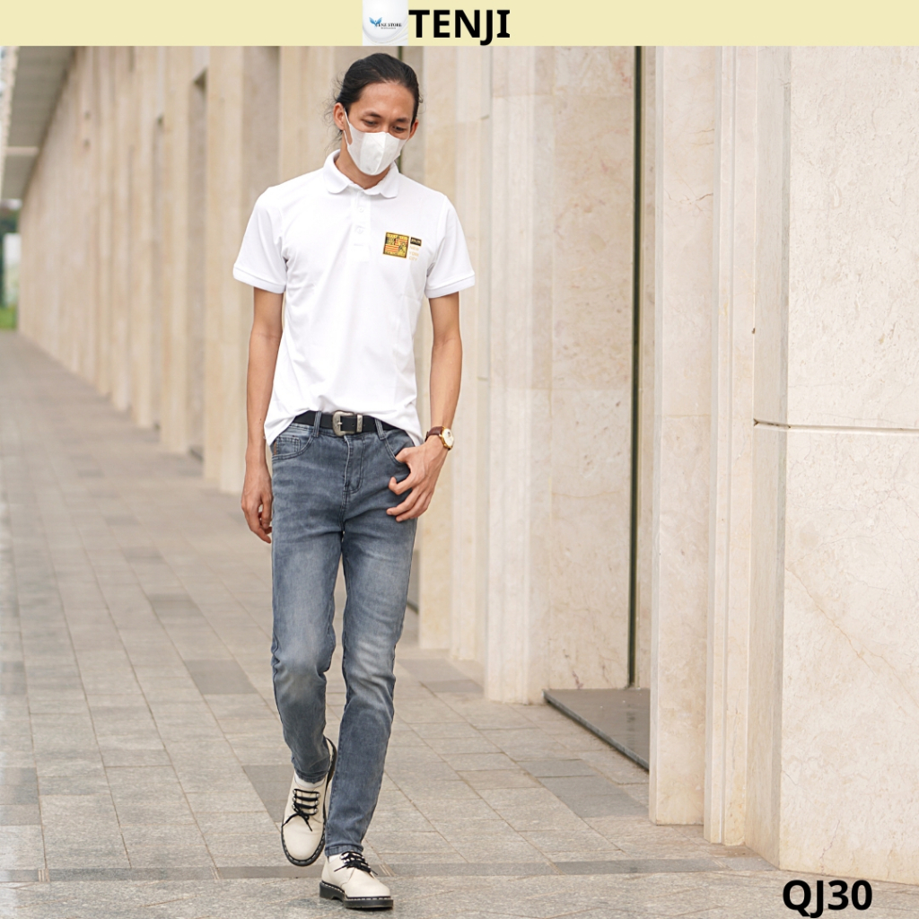 Quần jean nam TENJI QJ5050 đen chất bò họa tiết rách gối kiểu dáng kinny size