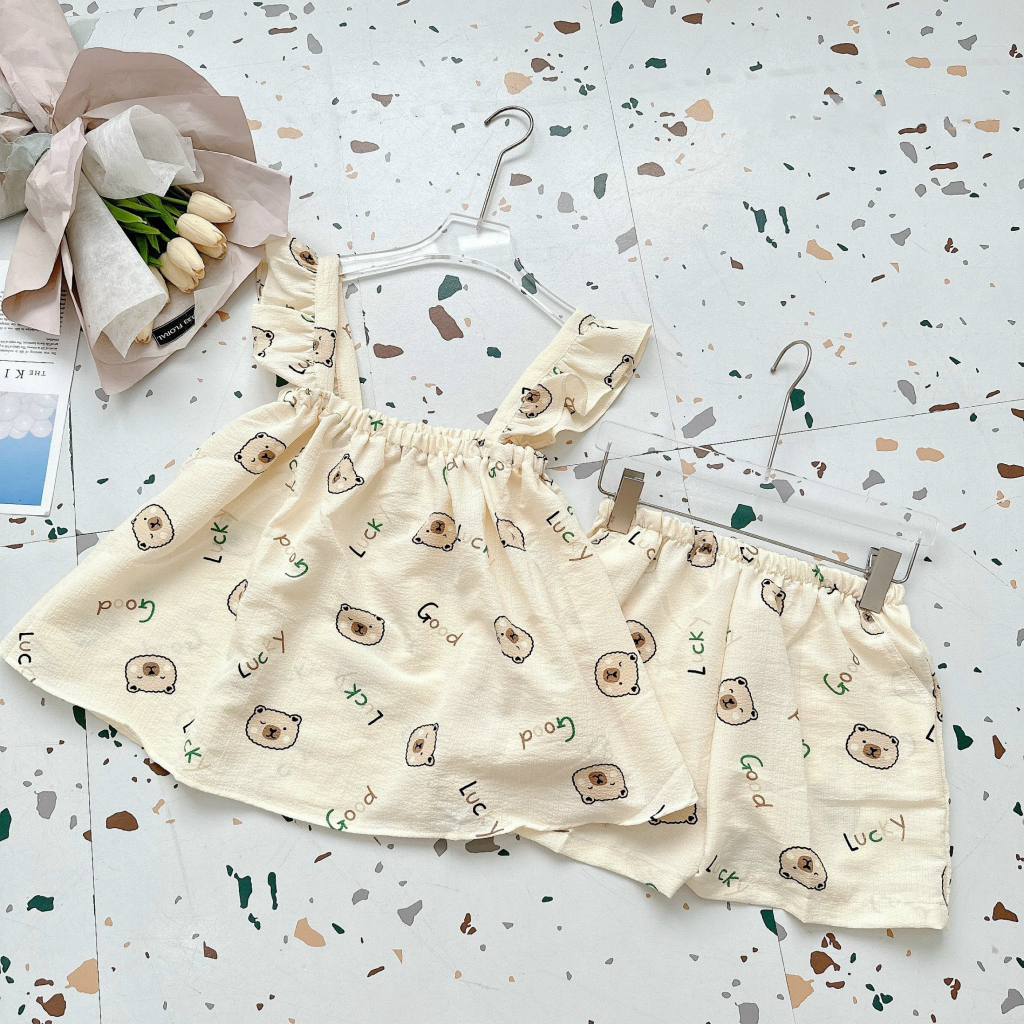 Bộ ngủ cánh tiên bèo in hình siêu dễ thương chất đũi xốp nhăn mặt mát thoải mái