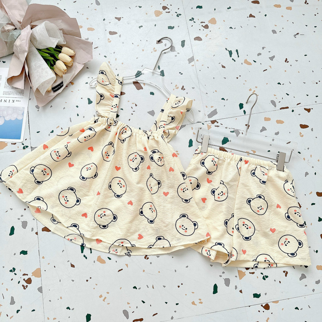 Bộ ngủ cánh tiên bèo in hình siêu dễ thương chất đũi xốp nhăn mặt mát thoải mái