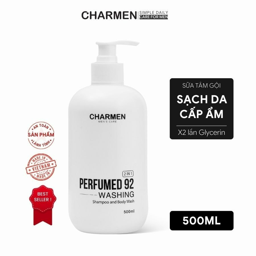 Sữa tắm gội nam CHARMEN, hương nước hoa lưu hương lâu, hương thơm nam tính, mạnh mẽ, 500ml