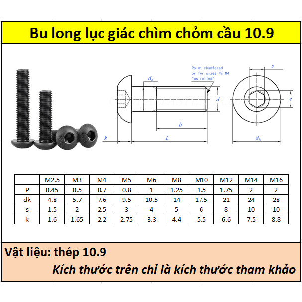 Bulong LGC chỏm cầu thép đen M10
