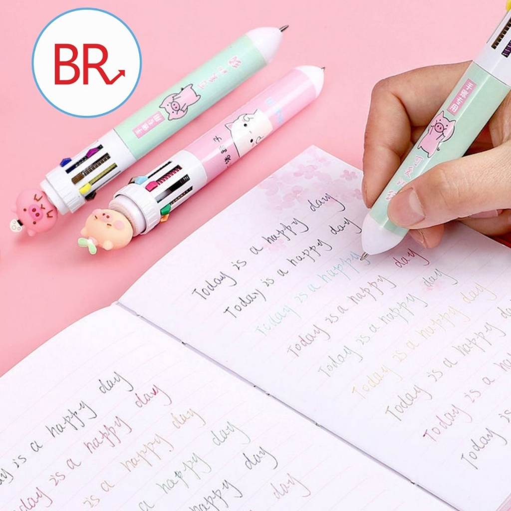Bút bi bấm 10 màu nhiều hình dễ thương, Bút đánh dấu, Bút viết nhiều màu họa tiết hoạt hình 3D cute Br 01889