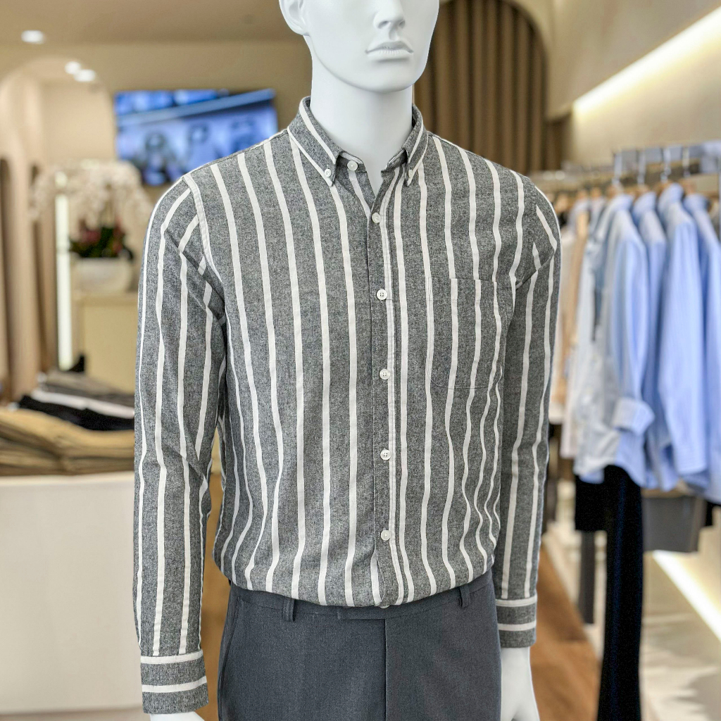 Áo Sơ Mi Nam Cao Cấp Phối Sọc Dark Grey Stripes White Shirt BY COTTON