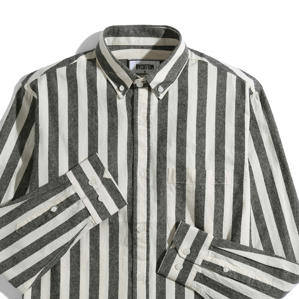 Áo Sơ Mi Nam Cao Cấp Phối Sọc Dark Grey Cream Stripes Oxford Shirt BY COTTON