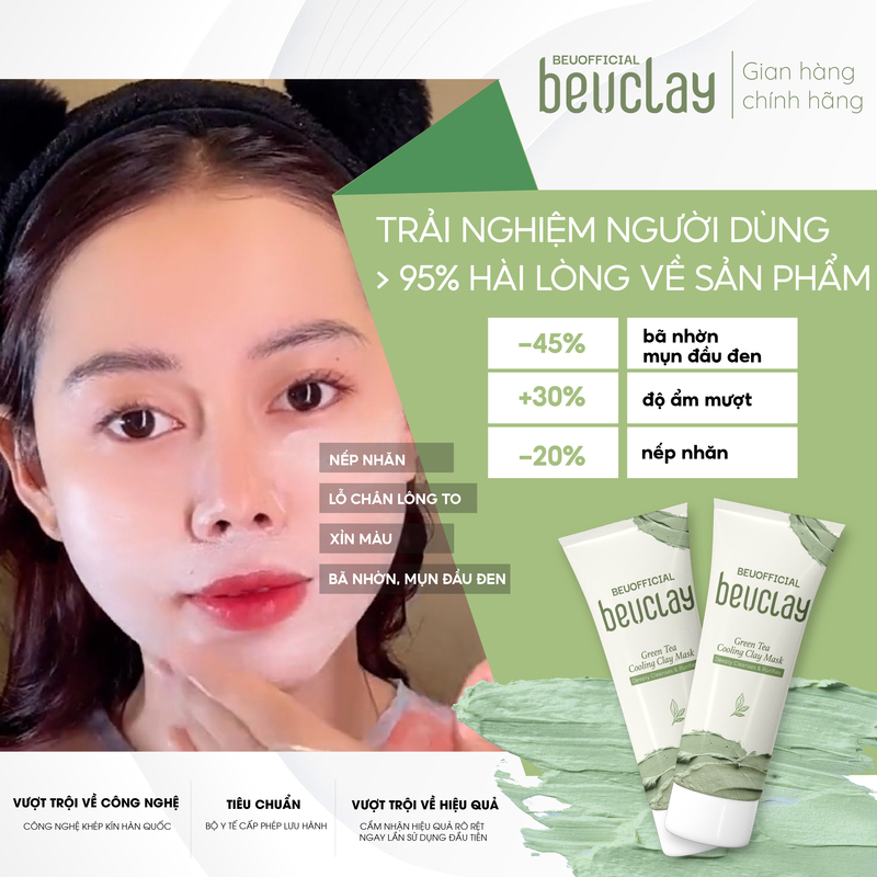 Mặt nạ bùn đất sét BEUCLAY trà xanh sáng da, se khít lỗ chân lông, kiểm soát dầu, ngăn ngừa mụn cám mụn đầu đen