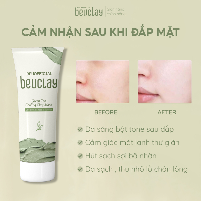 Mặt nạ bùn đất sét BEUCLAY trà xanh sáng da, se khít lỗ chân lông, kiểm soát dầu, ngăn ngừa mụn cám mụn đầu đen