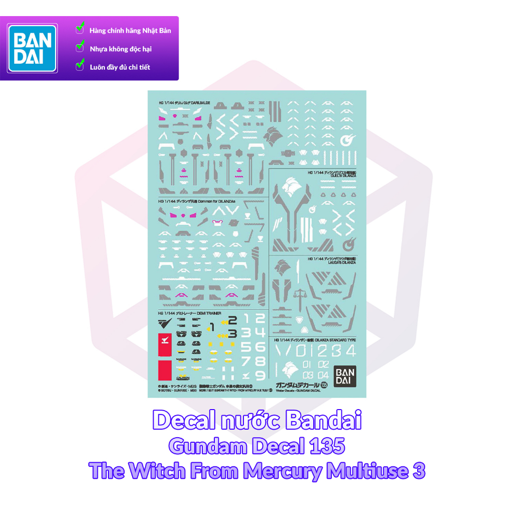 Decal nước Bandai Gundam Decal 135 The Witch From Mercury Multiuse 3 [TAM]