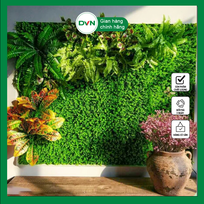 Thảm cỏ nhựa treo tường có đính hoa, tấm cỏ nhựa tai chuột, cải xoong trang trí. kích thước 40cm*60cm