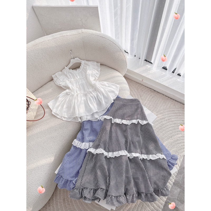 SET Áo doll trắng bèo kèm Chân Váy midi caro viền ren phong cách Hàn NÀNG CLOSET
