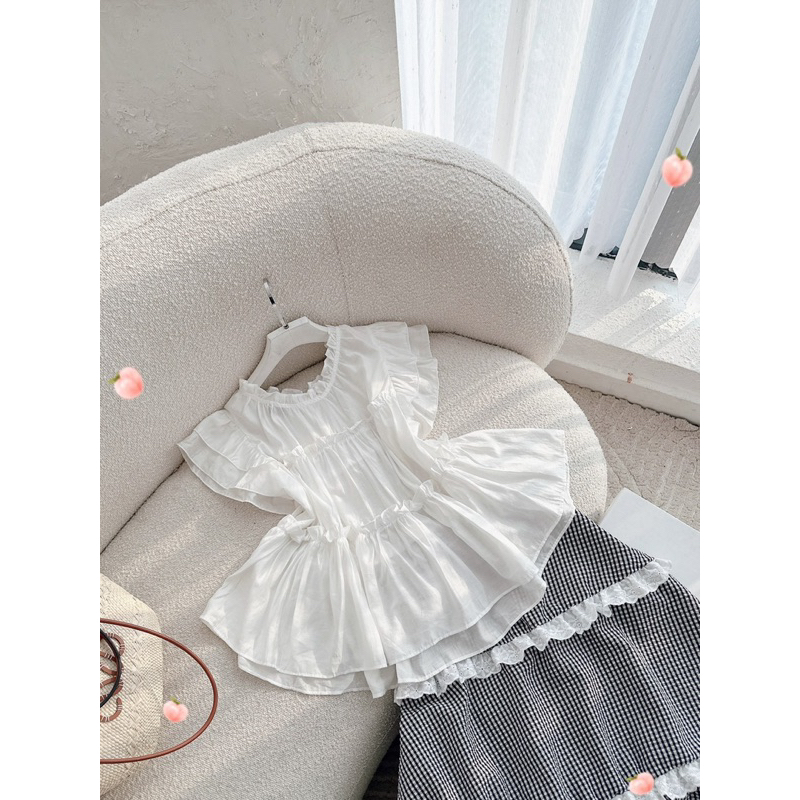 SET Áo doll trắng bèo kèm Chân Váy midi caro viền ren phong cách Hàn NÀNG CLOSET
