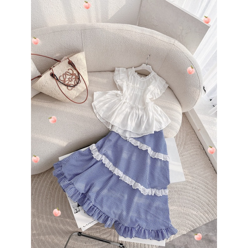 SET Áo doll trắng bèo kèm Chân Váy midi caro viền ren phong cách Hàn NÀNG CLOSET