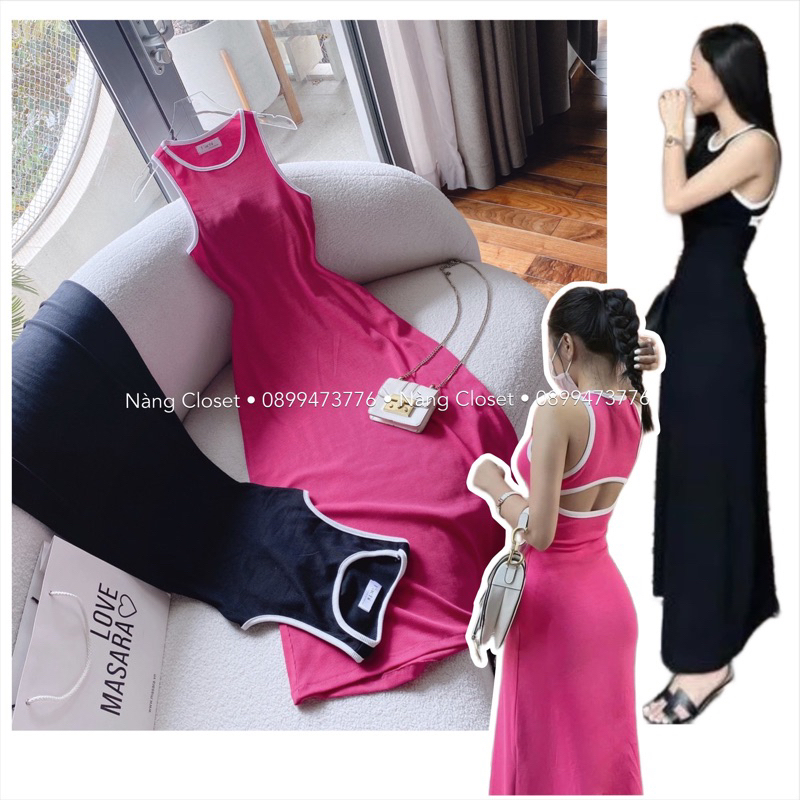 Đầm midi body sát nách khoét lưng màu đen/hồng NÀNG CLOSET