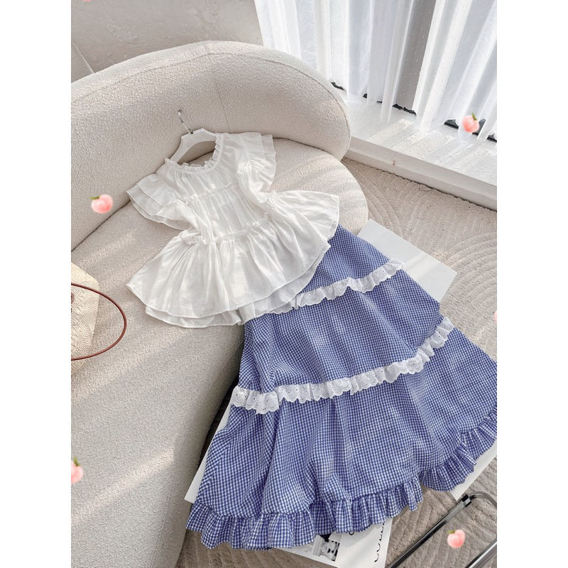 SET Áo doll trắng bèo kèm Chân Váy midi caro viền ren phong cách Hàn NÀNG CLOSET
