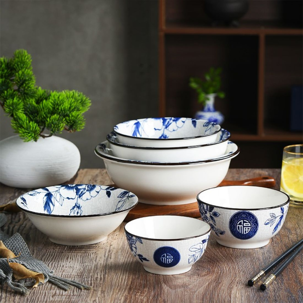 BỘ TÔ, CHÉN, ĐĨA GỐM SỨ 4D HỌA TIẾT HOA VĂN CHỮ PHÚC (GỒM 3 TÔ KIỂU NHẬT, 4 ĐĨA , 10 CHÉN CƠM)