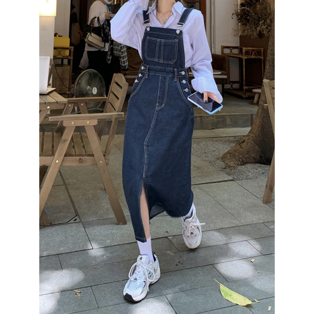 Váy yếm jean nữ dáng chữ A xanh than xẻ trước váy yếm bò nữ dáng rộng phong cách ulzzang thời trang hàn quốc 2023