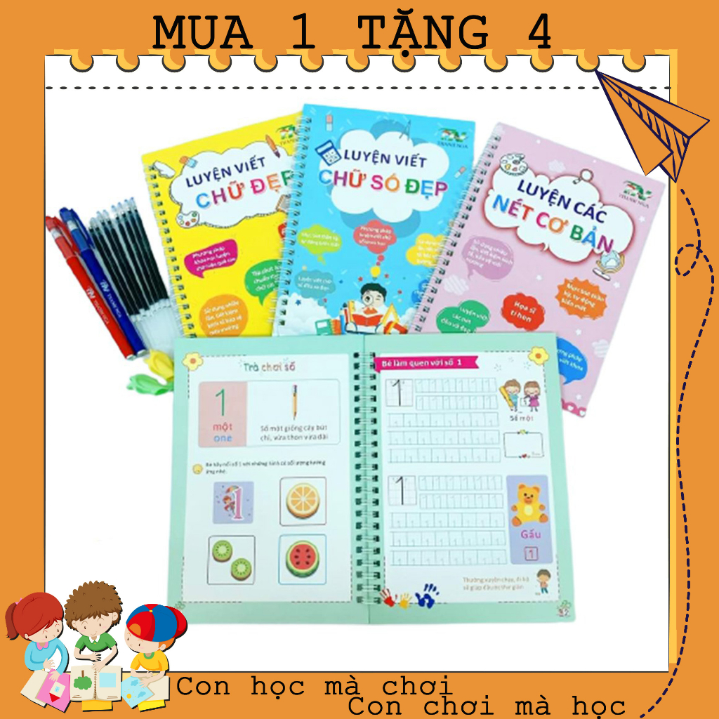 Bộ tô nét, chữ, số thông minh tự xóa- set 3c kèm phụ kiện Thanh Nga