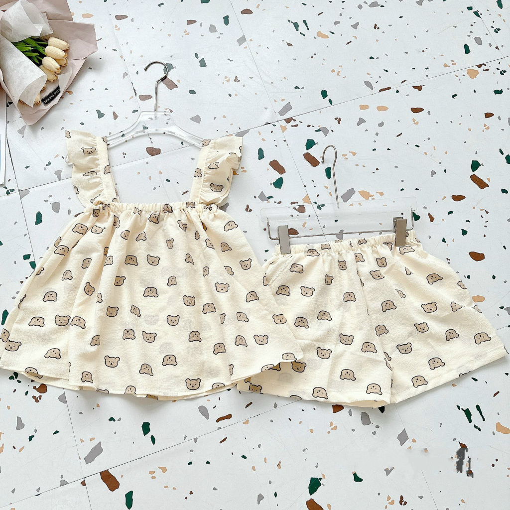 Bộ ngủ cánh tiên bèo in hình siêu dễ thương chất đũi xốp nhăn mặt mát thoải mái