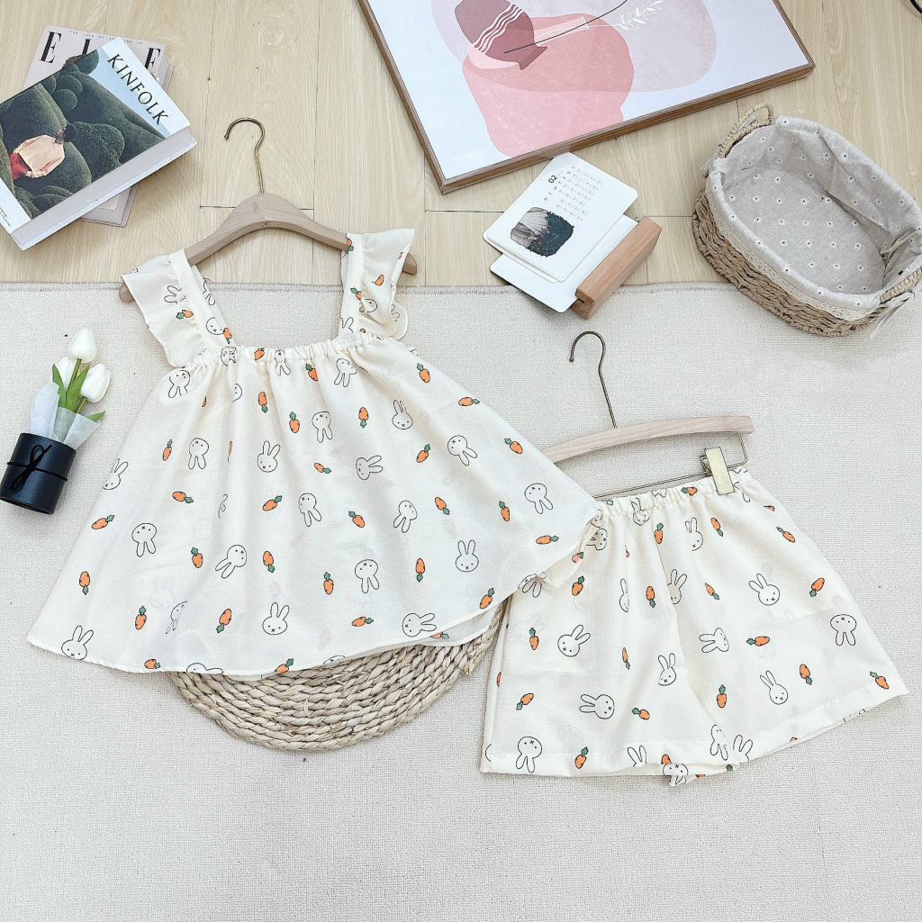 Bộ ngủ cánh tiên bèo in hình siêu dễ thương chất đũi xốp nhăn mặt mát thoải mái