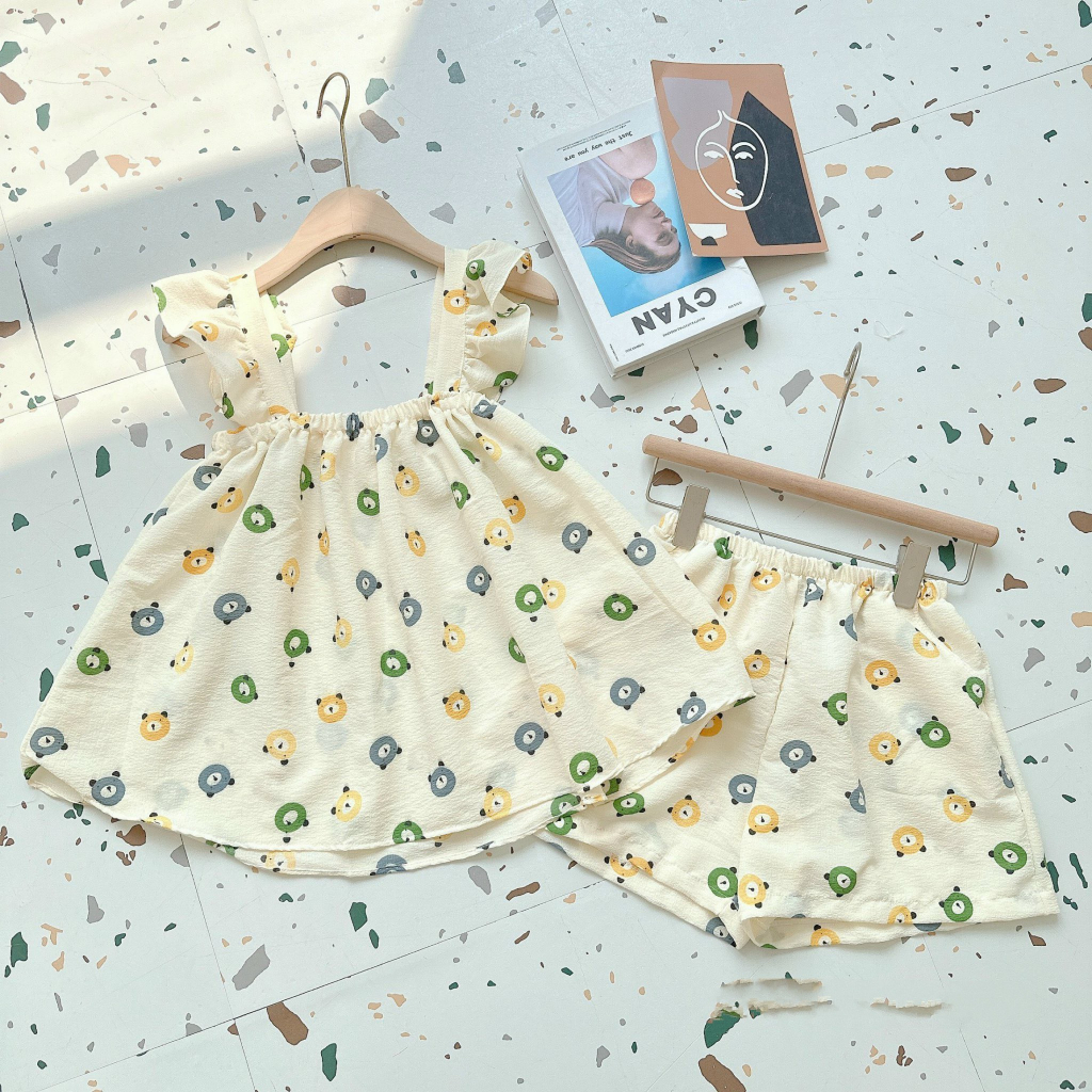 Bộ ngủ cánh tiên bèo in hình siêu dễ thương chất đũi xốp nhăn mặt mát thoải mái