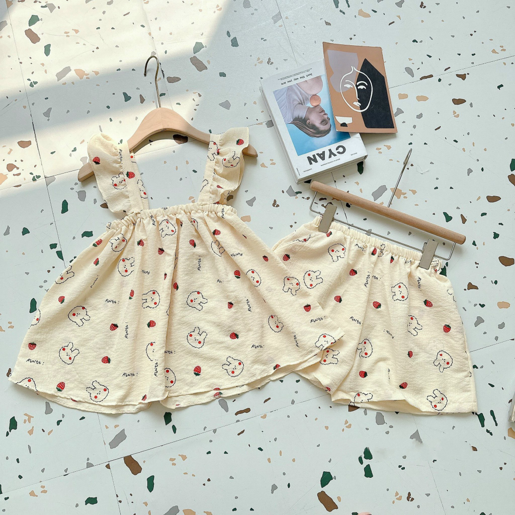 Bộ ngủ cánh tiên bèo in hình siêu dễ thương chất đũi xốp nhăn mặt mát thoải mái