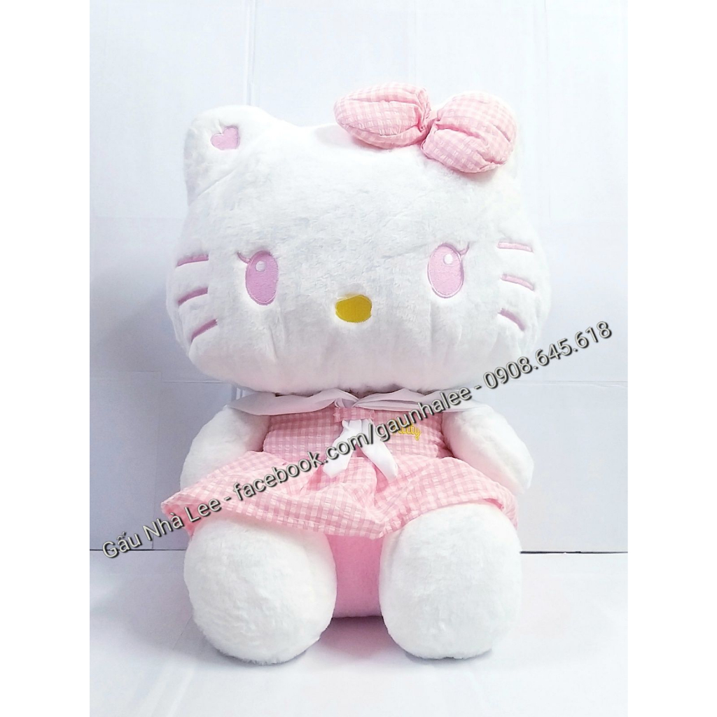 Bé Kitty đầm caro Hồng, size BIG 60cm, lông đẹp mịn, hàng xịn sò nhập khẩu Đài Loan, mới 100%.